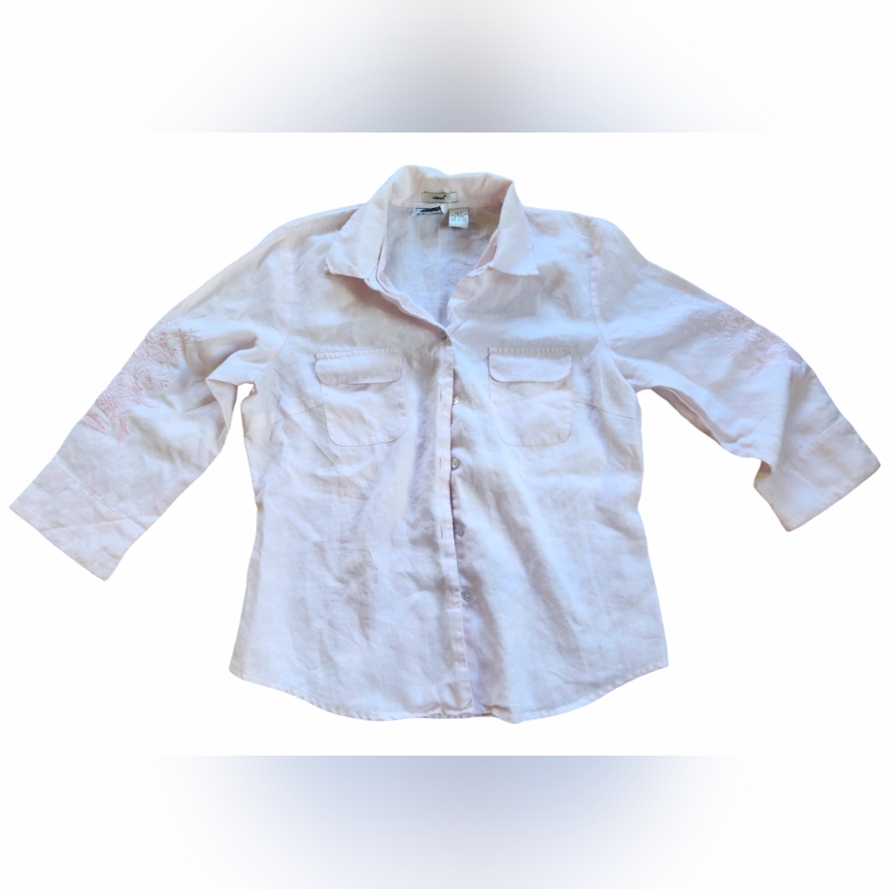 Edward top 100% Irish linen in a lovely pink features delicate floral embroidery